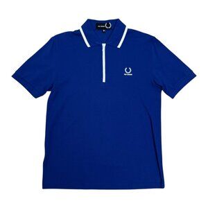 RAF SIMONS Fred Perry Luxury Designer Blue Quarter Zip Polo Tee Shirt Men Medium